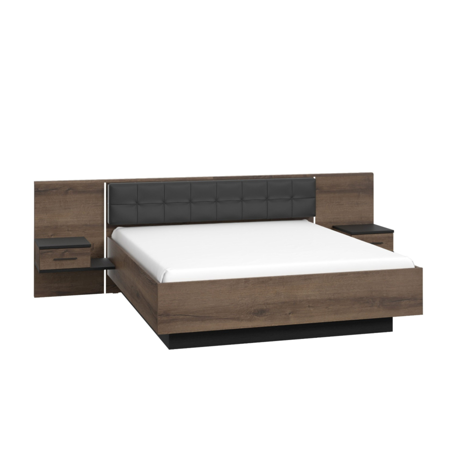 Pack Bellevue 160X200Cm : Lit + Deux Tables De Chevets + Eclairage - Chêne / Marron Foncé Essentiel HIVER