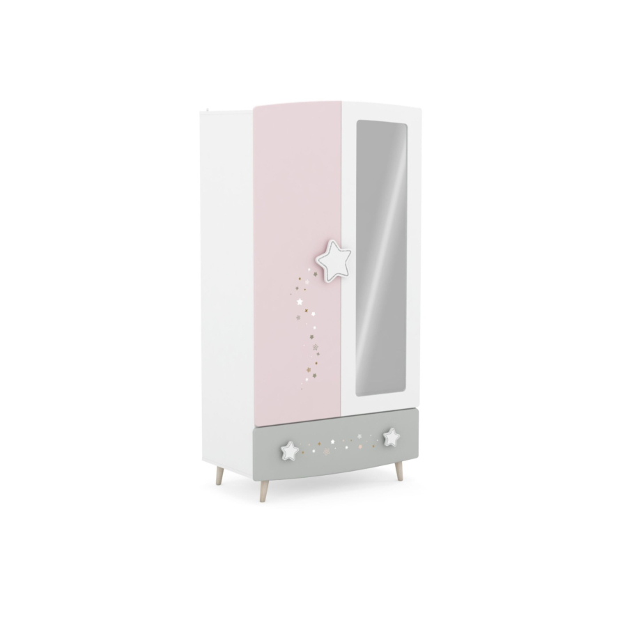 Armoire Stella + 2 Portes + 1 Miroir - Rose / Blanc / Gris Chambre enfant