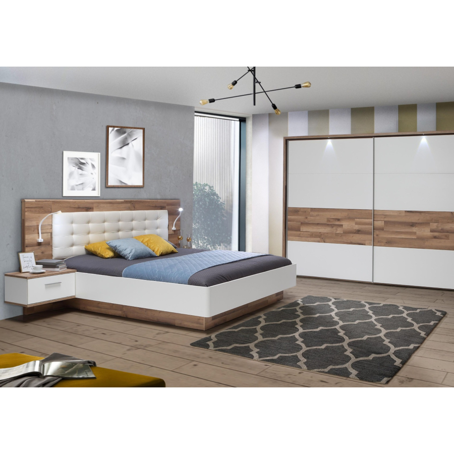 Pack Modern Way : Lit Sans Sommier + 2 Tables De Chevet + Éclairage - Blanc Chambre double