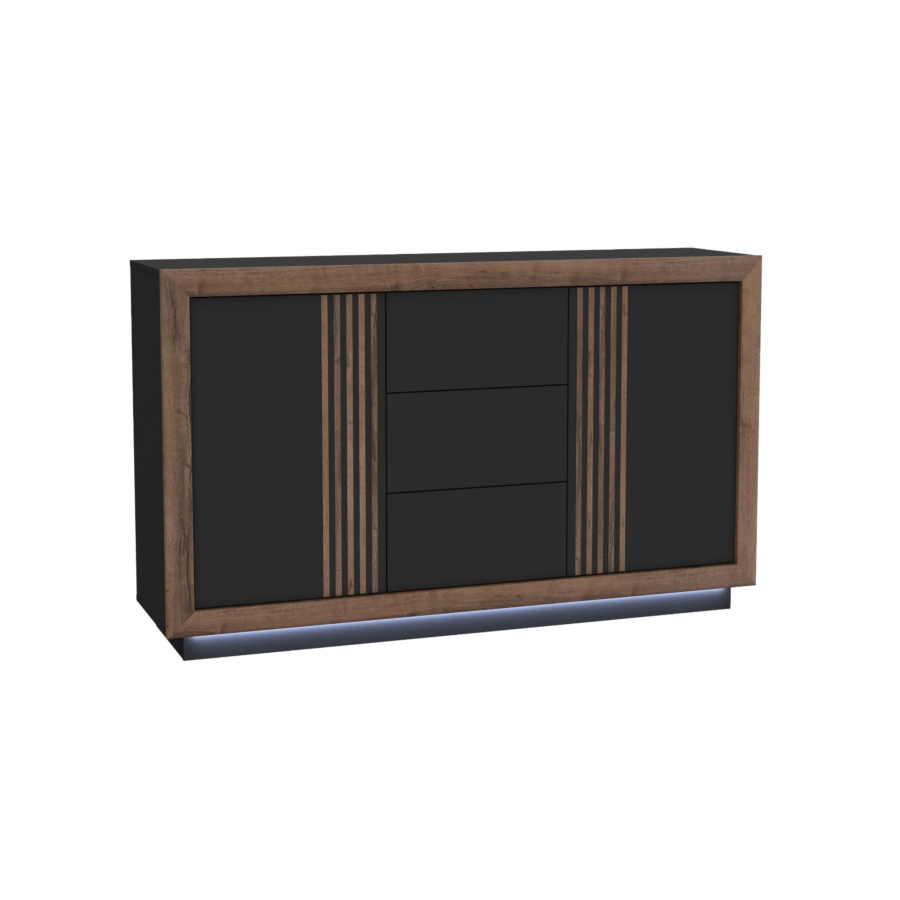 Buffet Savona 2 Portes Avec 3 Tiroirs - Chêne / Noir Brillant Soldes été