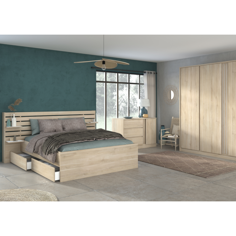Set Lit Escale Avec Sommier + 2 Tablettes Amovibles - Chêne Chambre double