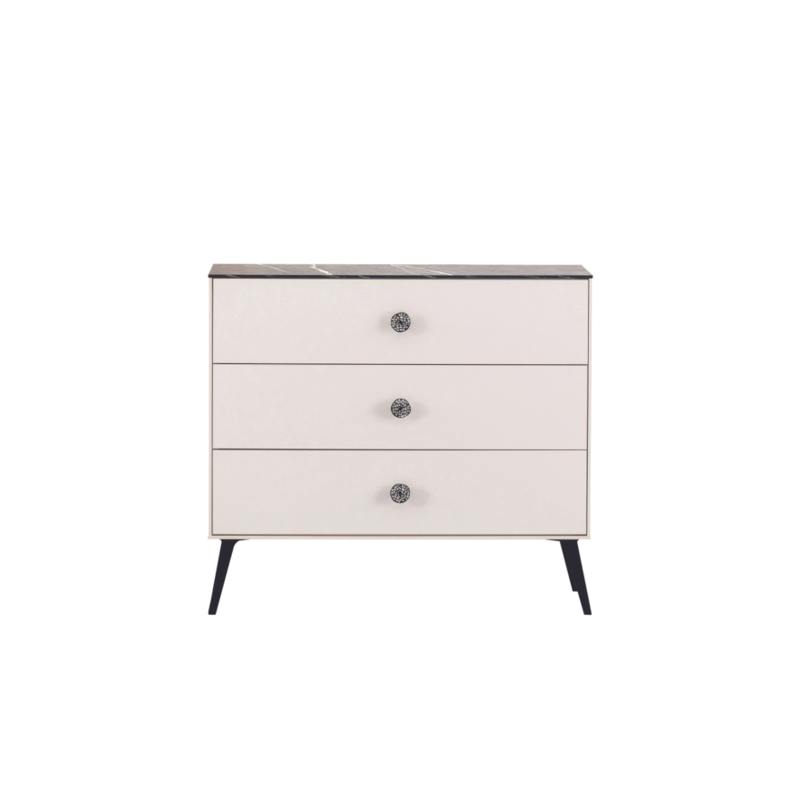 Commode Nia Avec 3 Tiroirs - Blanc / Noir / Marbre Chambre double