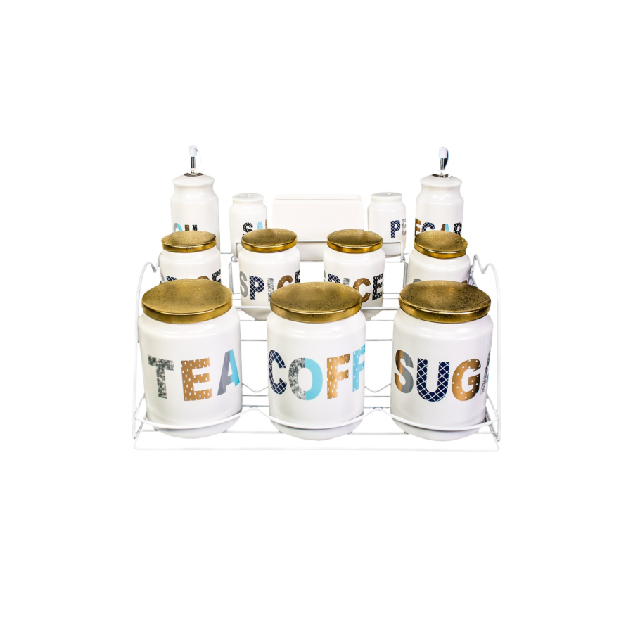 Set De 7 Pots À Epices + Huile-Vinaigre + Support En Metal - Multicouleur Art de la table