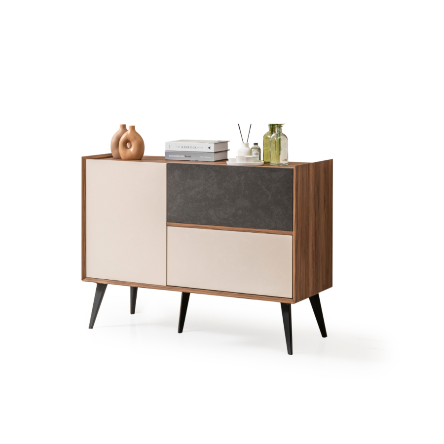 Commode Aden 2 Tiroirs Et 1 Porte - Marron / Blanc / Gris Essentiel HIVER