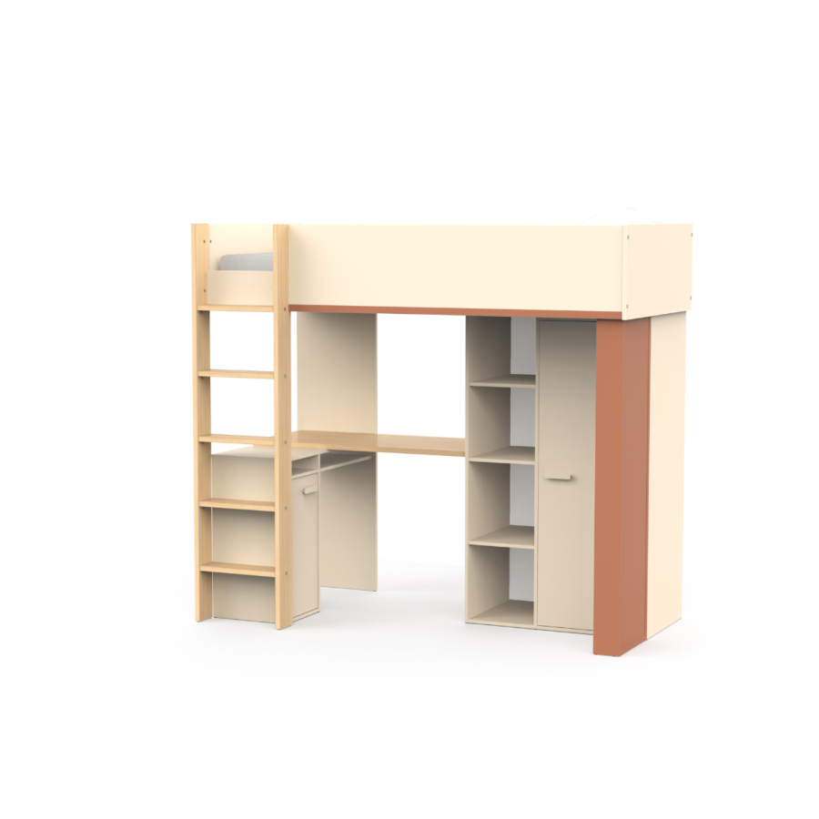 Lit Surélevé Camillia 90X200 Avec Bureau +Armoire + 6 Niches - Beige Chambre enfant