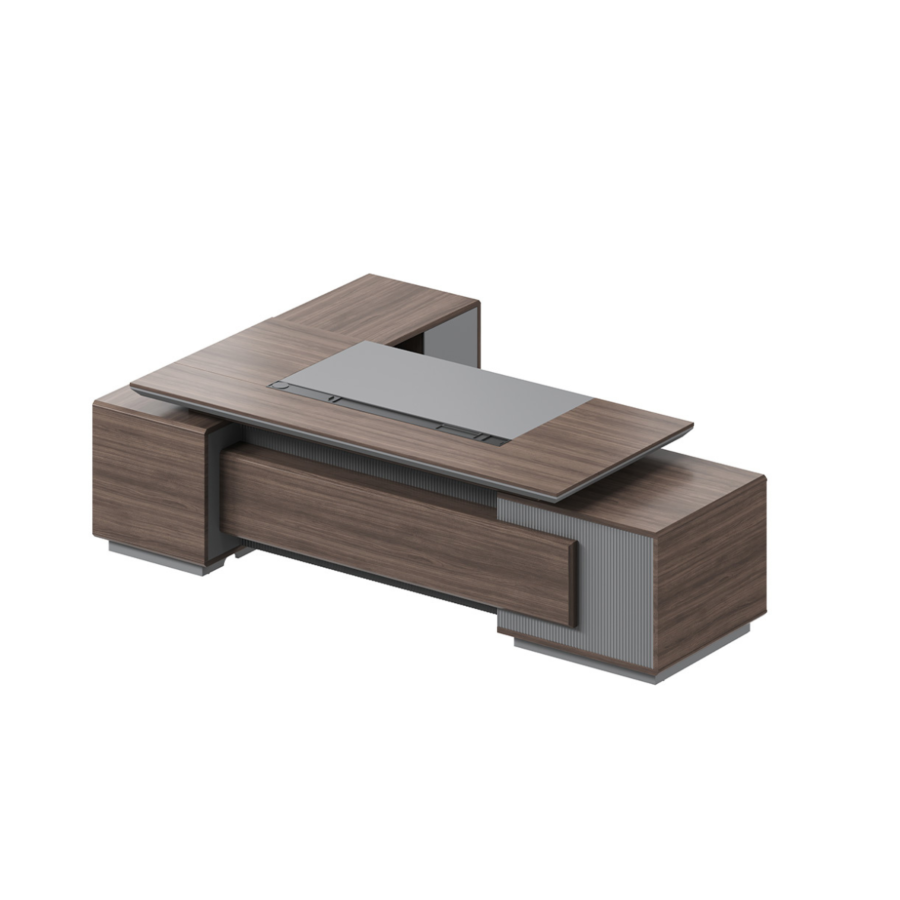 Bureau Presidentiel Leader Droit Avec Eclairage Led 280Cm - Marron / Gris Bureau Professionnel