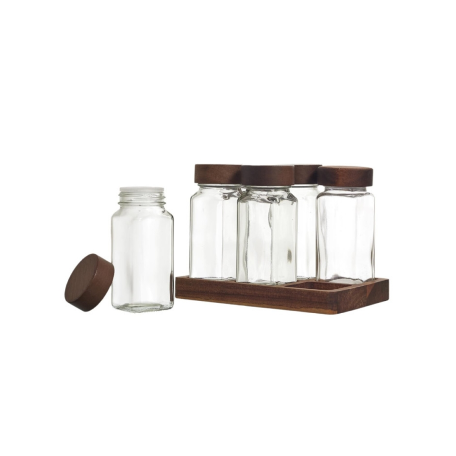 Set De 6 Bocaux À Épices Sur Plateau Acacia - Blanc Art de la table