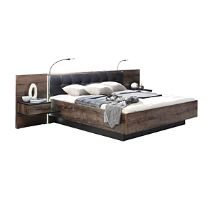 Pack Bellevue 180X200Cm : Lit + Deux Tables De Chevets + Eclairage - Chêne / Marron Foncé