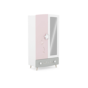 Armoire Stella + 2 Portes + 1 Miroir - Rose / Blanc / Gris Chambre enfant