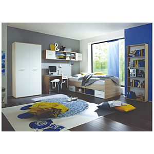 Pack Sety : Lit 90X200Cm Avec Meuble Mural Et Bibliothèque Et Armoire - Blanc / Chêne 