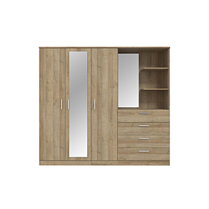 Armoire Panama Avec 3 Portes + 4 Tiroirs + 2 Étagères Et 2 Miroirs - Chêne
