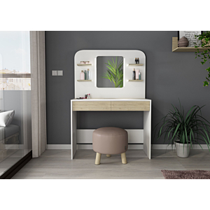 Coiffeuse Secret Avec Miroir + 2 Tiroirs Et Led - Blanc / Chêne