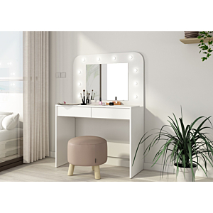 Coiffeuse Hollywood Avec Miroir + 2 Tiroirs Et Led - Blanc