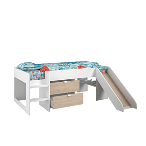 Lit Toboggan Tobo Avec Planche Sommier + 2 Tiroirs + Niches - Chêne / Blanc