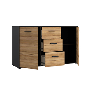 Commode Mokkaro Avec 2 Portes + 3 Tiroirs - Chêne / Noir