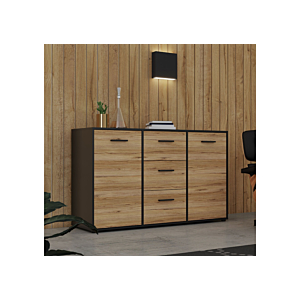 Commode Mokkaro Avec 2 Portes + 3 Tiroirs - Chêne / Noir
