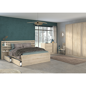 Set Lit Escale Avec Sommier + 2 Tablettes Amovibles - Chêne 