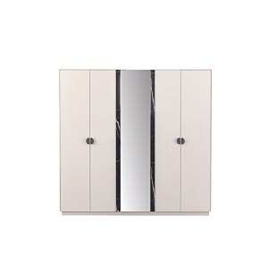 Armoire Nia Avec 5 Portes + Miroir - Blanc / Noir / Marbre