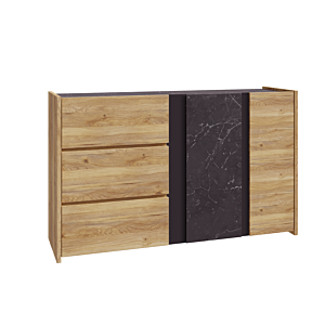 Commode Whakatane 2 Portes + 3 Tiroirs - Chêne / Marbre Noir DÉSTOCKAGE