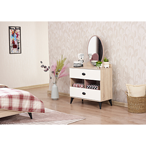 Commode Mado Avec 2 Tiroirs Et Miroir - Chêne / Blanc