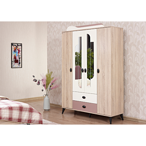 Armoire Mado Avec 4 Portes Et 2 Miroirs - Chêne / Blanc