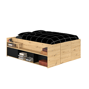 Lit Travel 140X190/200+ Rangement + Sommier - Chêne / Noir Chambre double