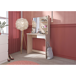 Coiffeuse Precious Avec Miroir + 2 Étagères + Tiroir - Chêne / Blanc