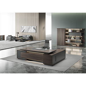 Bureau Presidentiel Leader Gauche Avec Eclairage Led 280Cm - Marron / Gris
