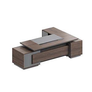 Bureau Presidentiel Leader Gauche Avec Eclairage Led 280Cm - Marron / Gris Bureau Professionnel