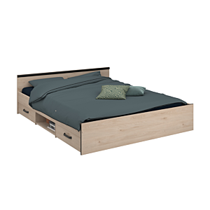 Set Lit Daily 2 Tiroirs Et 1 Niche 140X190Cm Avec Sommier + 2 Chevets - Chêne Essentiel HIVER