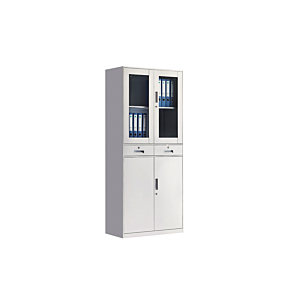 Armoire Rangement Solidis 2 Portes + 2 Tiroirs + 2 Vitres - Blanc