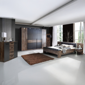 Pack Bellevue : Lit + Deux Tables De Chevets + Eclairage - Chêne / Marron Foncé